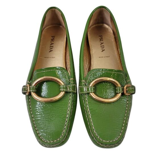 Prada Green Patent Leather Loafers Gold Horsebit Buckle 38.5 - Picture 1 of 9